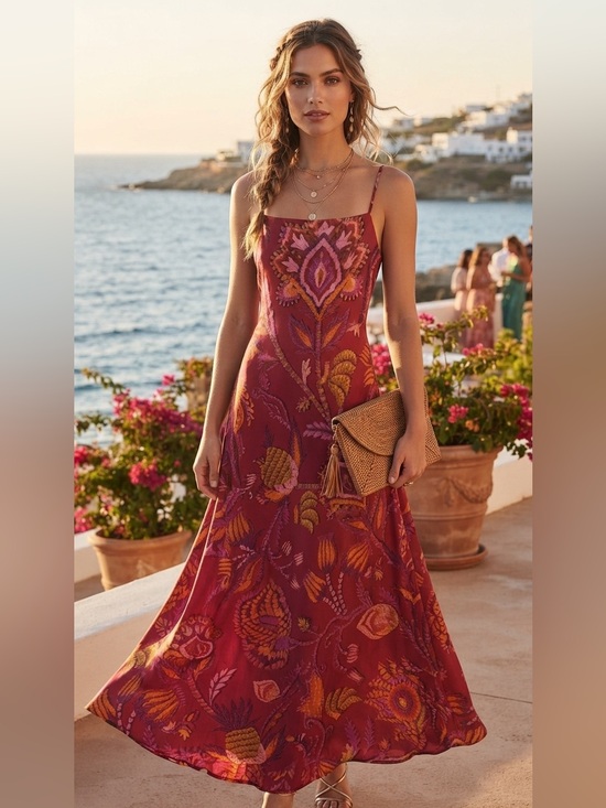 FARM Rio Dresses & Skirts - FARM Rio ResortWear Boho Wedding Guest TropicalSunset Floral SatinMaxi Dress SzS